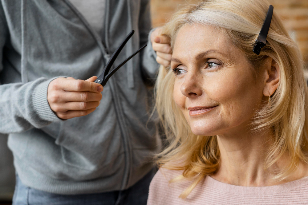 smiley-woman-getting-her-hairdo-home
